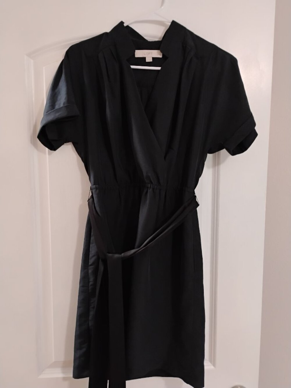 LOFT Black Wrap Dress — Short Sleeve, Tie Waist, V-Neck